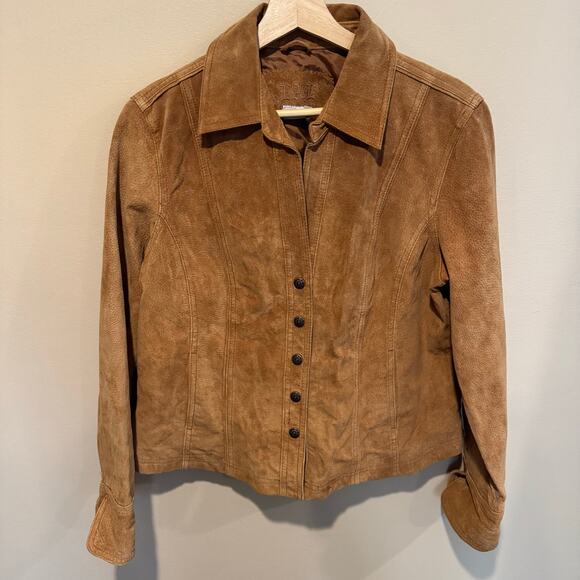 Y2K Womens Suede Leather Blazer Jacket Size Large Brown Snap Button Up Cowgirl - Picture 1 of 7